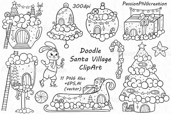 Doodle Santa Village Clipart in Illustrations - product preview 1