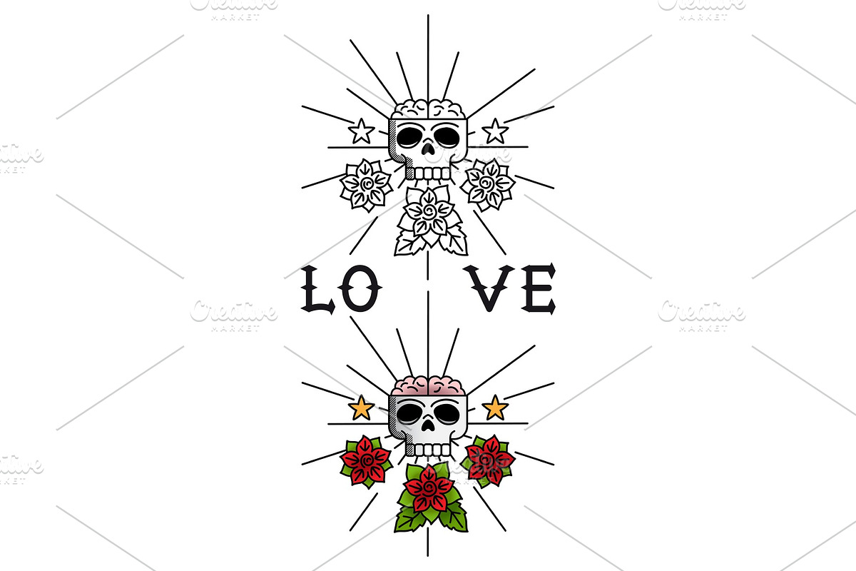 Skull and flowers tattoo template in Illustrations - product preview 8