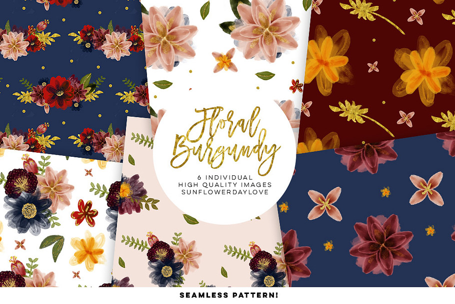 Floral burgundy Digital Paper Set