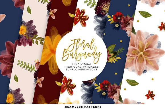 Floral burgundy Digital Paper Set in Illustrations - product preview 1