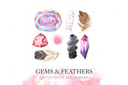 Watercolor Gems & Feathers Set