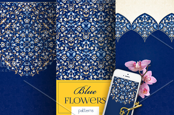 3.Kit Of Eastern Decor. Blue Flowers in Illustrations - product preview 1