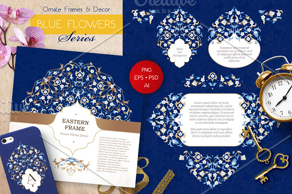 3.Kit Of Eastern Decor. Blue Flowers in Illustrations - product preview 2