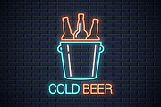 Cold beer neon banner. Beer bottles 