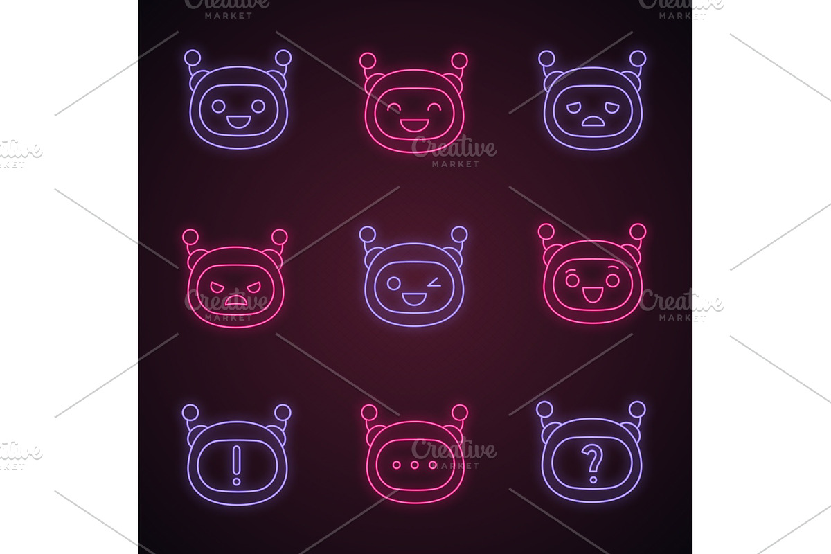 Robot emojis neon light icons set in Icons - product preview 8