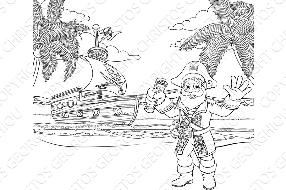 Cartoon Pirate on Beach Coloring in Illustrations - product preview 8