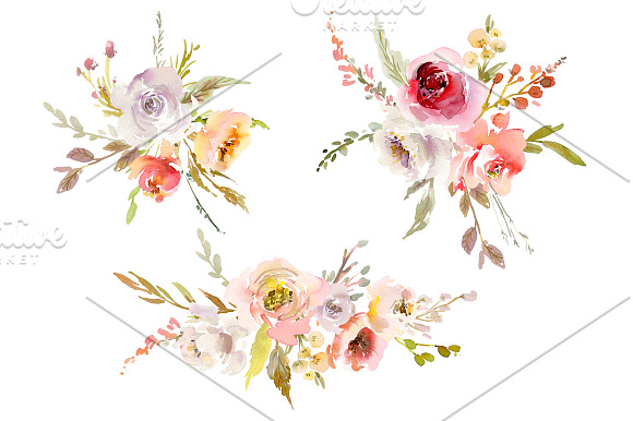 Watercolor Pink White Red Flowers in Illustrations - product preview 1
