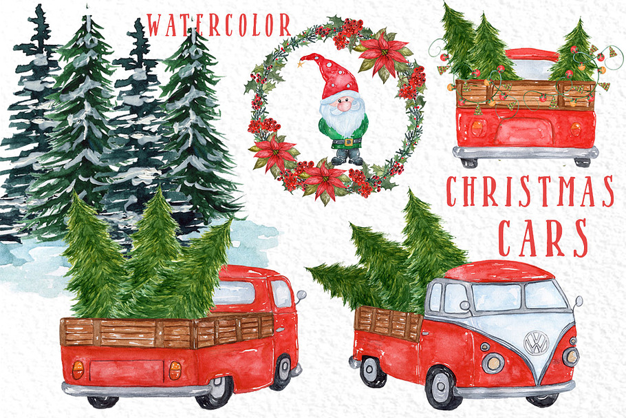 Watercolor Christmas Cars Clipart in Illustrations - product preview 8