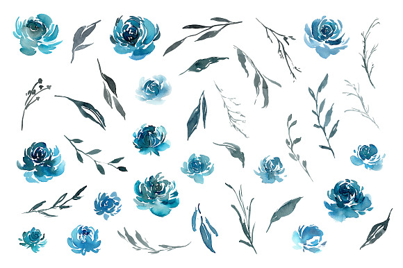 Watercolor Turquoise Blue Flowers in Illustrations - product preview 1