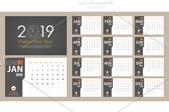 2019 Vector Calendar pack 18 in 1 in Illustrations - product preview 1