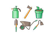 Gardening tools icons set, sprayer