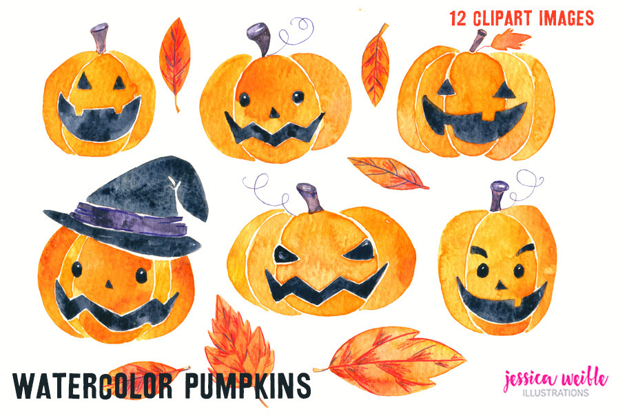 Watercolor Halloween Pumpkins & Leav
