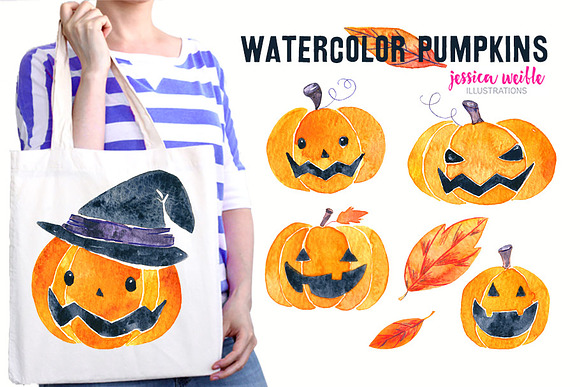 Watercolor Halloween Pumpkins & Leav in Illustrations - product preview 1