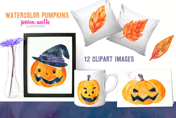 Watercolor Halloween Pumpkins & Leav in Illustrations - product preview 2