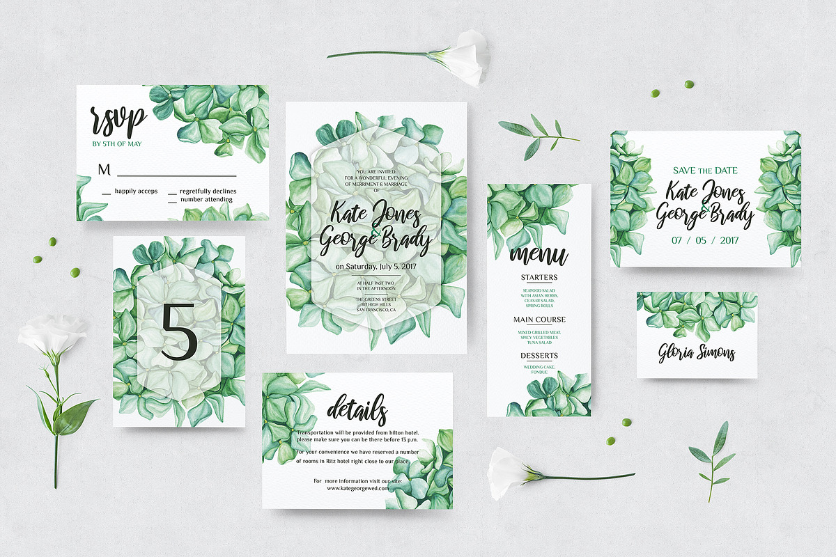 Green Hydrangea Wedding Set in Wedding Templates - product preview 8