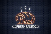 Bread neon banner. Bakery neon sign 