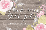 Pink roses, gold petals watercolor