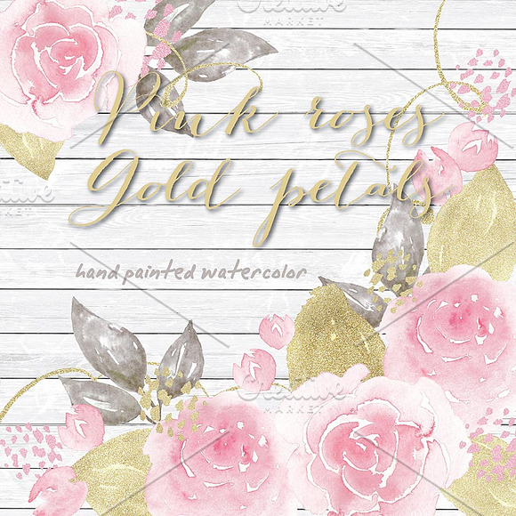 Pink roses, gold petals watercolor in Illustrations - product preview 1