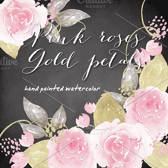 Pink roses, gold petals watercolor in Illustrations - product preview 2
