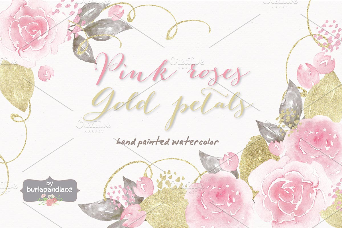 Pink roses watercolor clipart in Illustrations - product preview 8