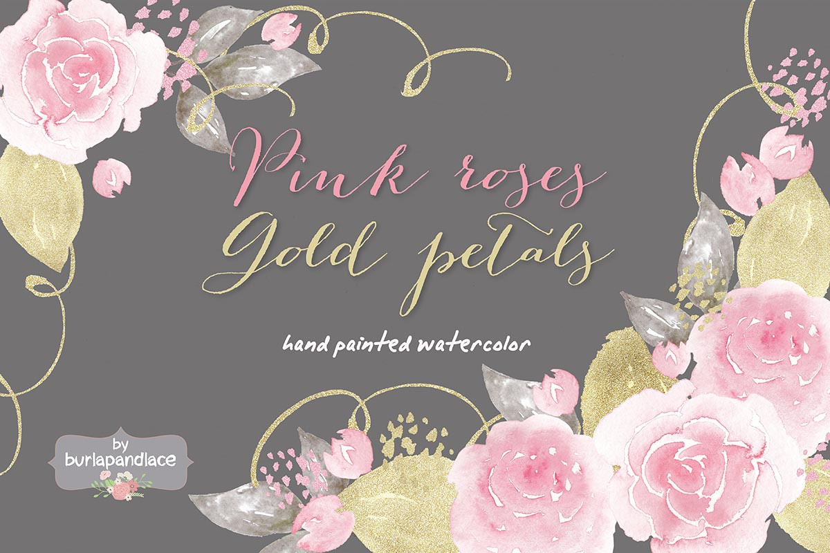 Pink roses, gold petals watercolor in Illustrations - product preview 8