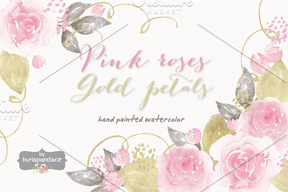 Pink roses, gold petals watercolor in Illustrations - product preview 1