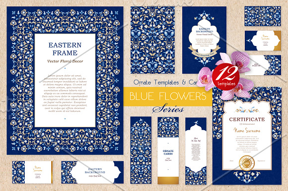 3.Kit Of Eastern Decor. Blue Flowers in Illustrations - product preview 4