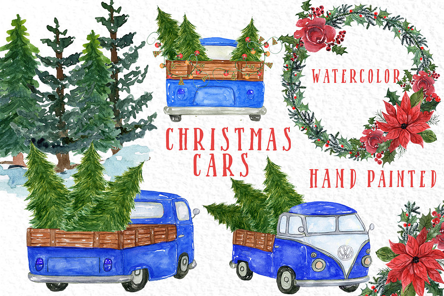 Watercolor Christmas Trucks clipart in Illustrations - product preview 8
