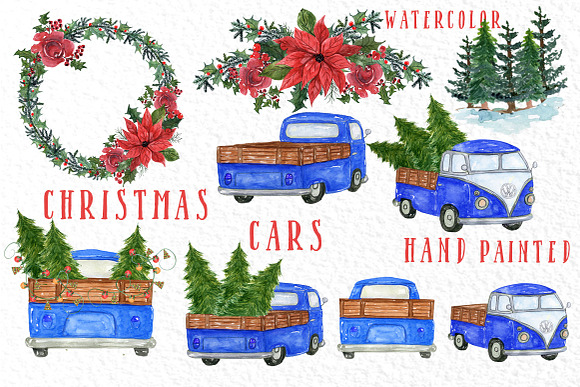 Watercolor Christmas Trucks clipart in Illustrations - product preview 1