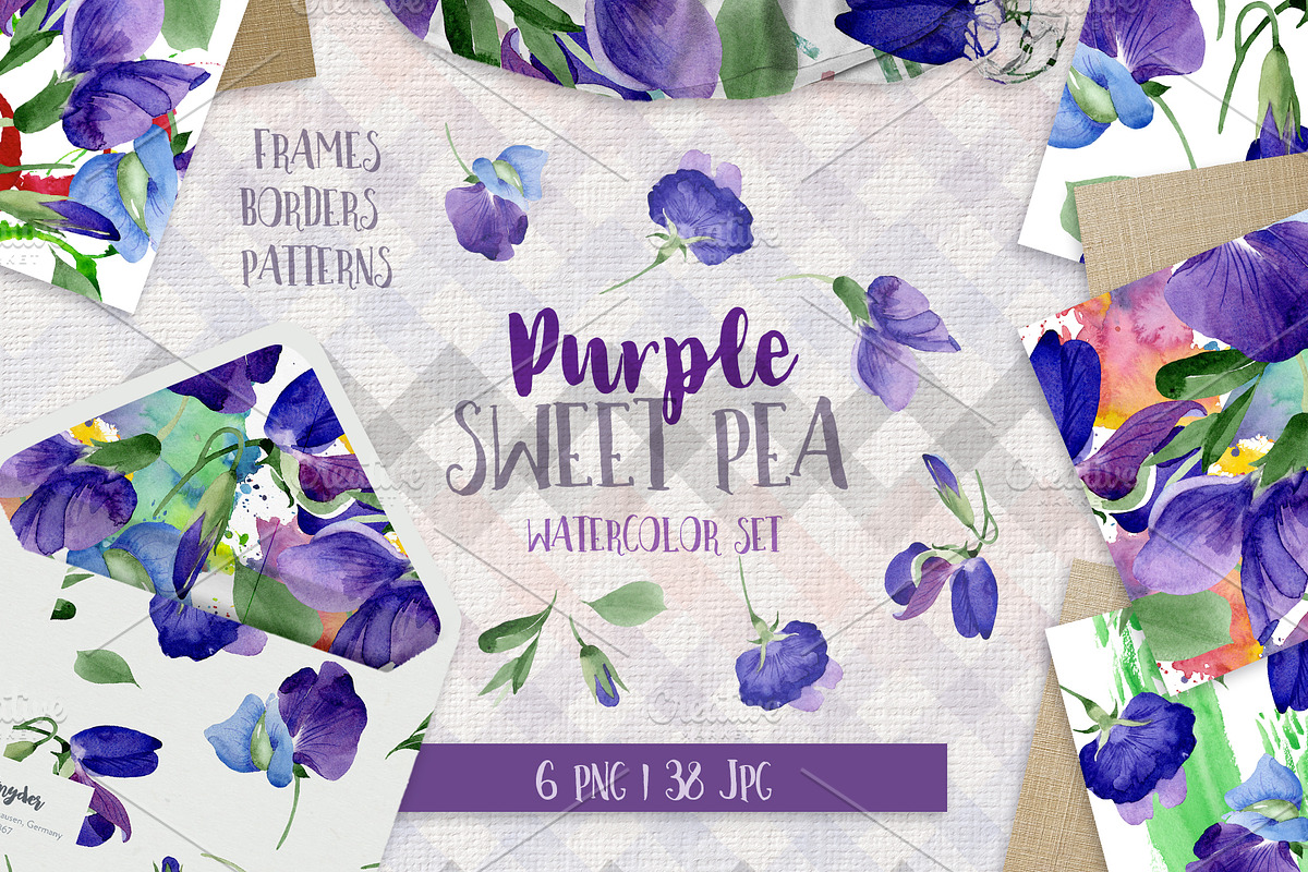 Purple sweet pea PNG watercolor set in Illustrations - product preview 8