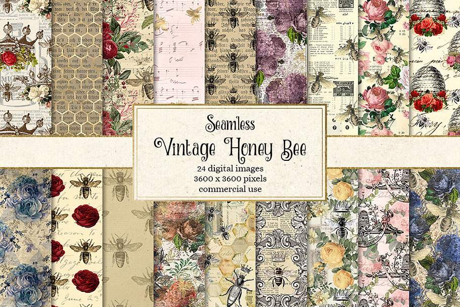 Vintage Honey Bee Digital Paper in Patterns - product preview 8