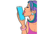 A woman loves a smartphone, licks