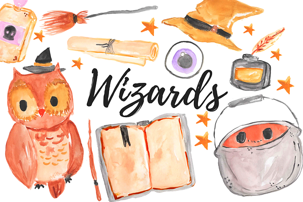 Watercolor Magic Wizard Clipart Set