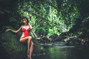 Young woman travele tourist in red