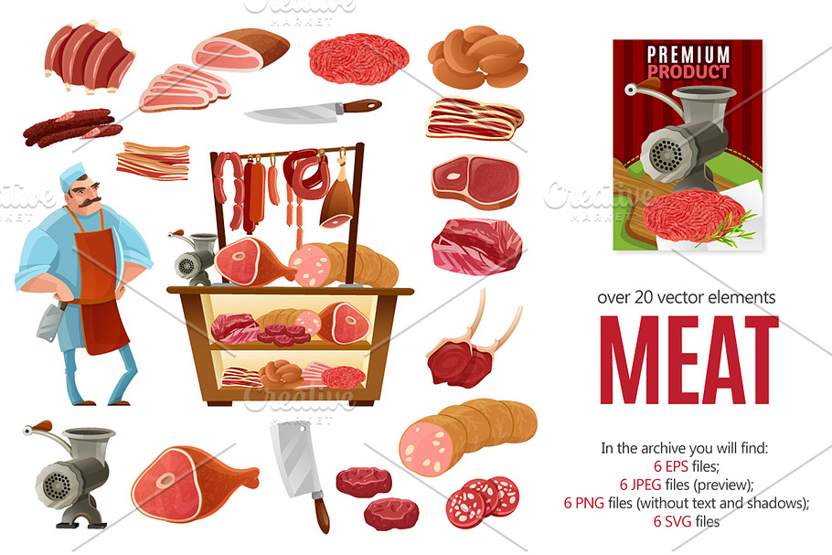 Meat Products Cartoon Set