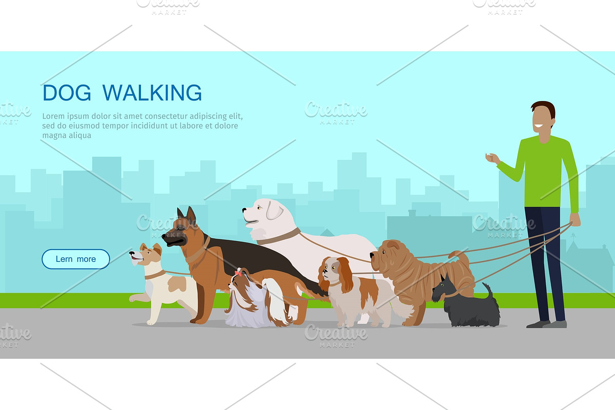 Dog Walking Banner. Man Walks with in Illustrations - product preview 8