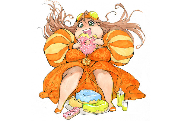 Plump anime girl eating donut