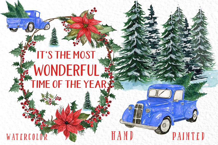 Watercolor Christmas cars clipart in Illustrations - product preview 8