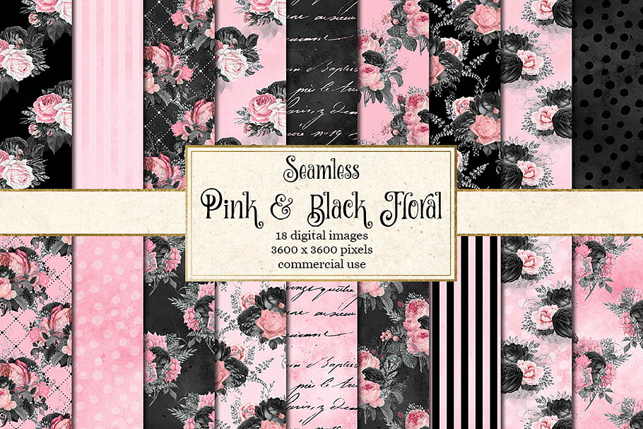 Pink and Black Floral Digital Paper