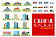 Set of colorful houses and cars