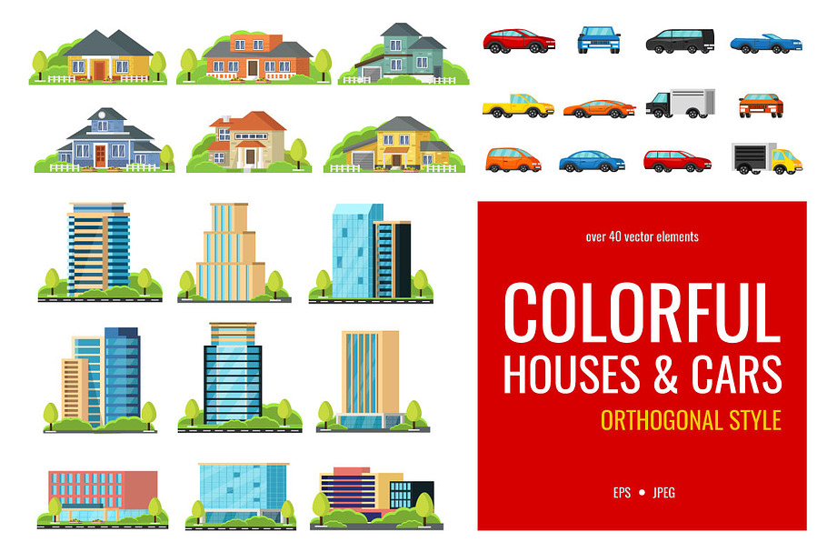 Set of colorful houses and cars in Illustrations - product preview 8