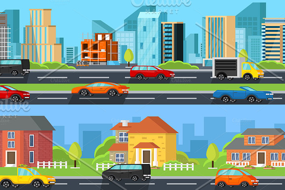 Set of colorful houses and cars in Illustrations - product preview 6