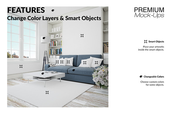 Carpets & Pillows in Living Room Set in Product Mockups - product preview 3