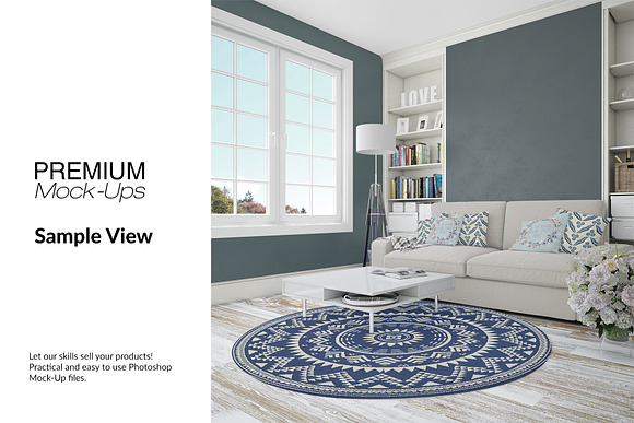 Carpets & Pillows in Living Room Set in Product Mockups - product preview 11