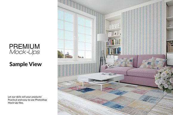 Carpets & Pillows in Living Room Set in Product Mockups - product preview 12