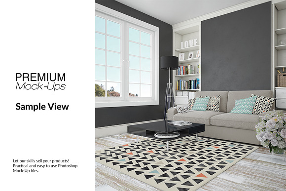 Carpets & Pillows in Living Room Set in Product Mockups - product preview 13