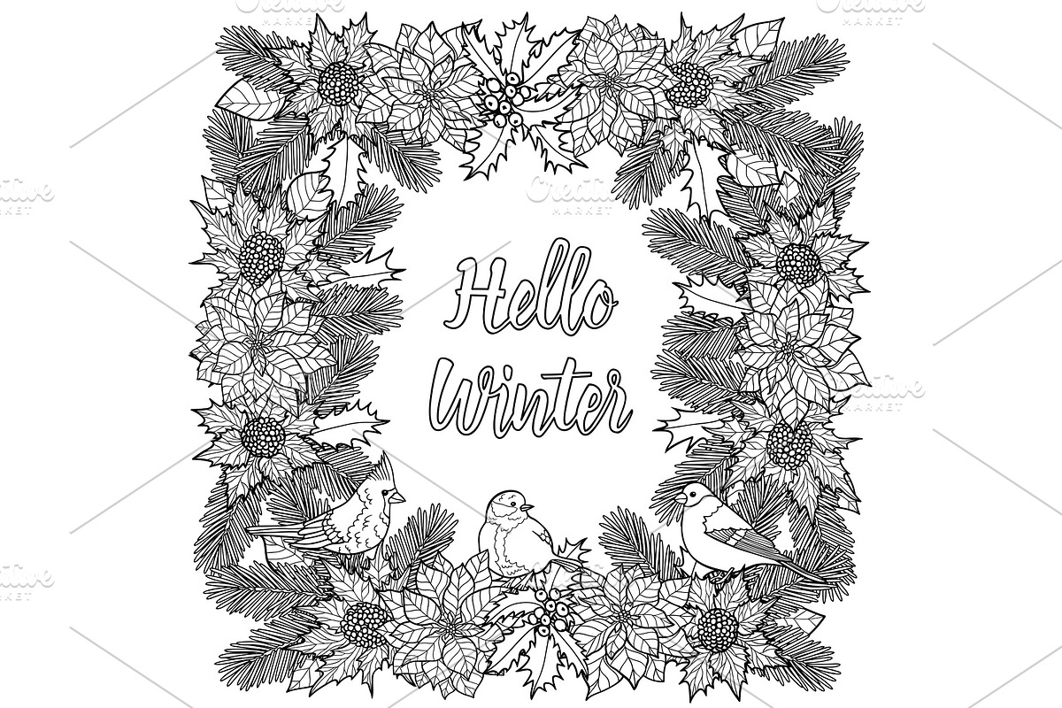 Hello Winter Greeting Coloring Page in Illustrations - product preview 8