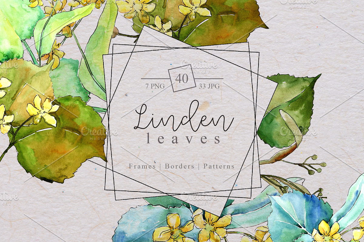 Watercolor linden leaves PNG set in Illustrations - product preview 8