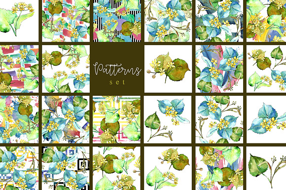 Watercolor linden leaves PNG set in Illustrations - product preview 5