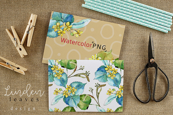 Watercolor linden leaves PNG set in Illustrations - product preview 6